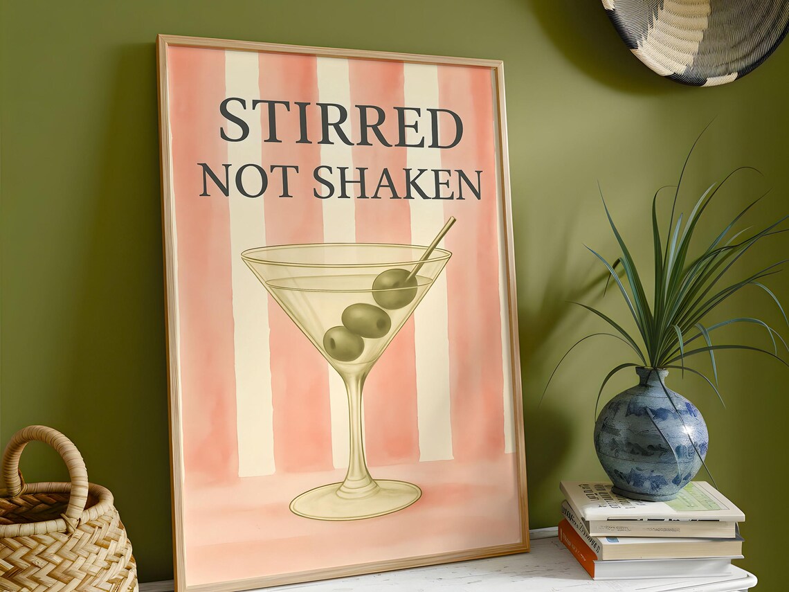 Stirred Not Shaken Retro Martini Pink Cocktail Bar Art Poster
