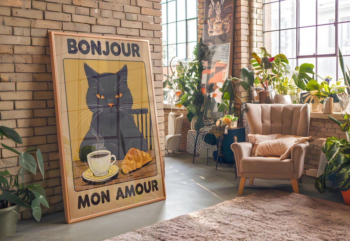 Bonjour Mon Amour Cat Portrait, Retro Style - Image 7