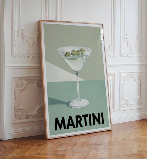 Classic Martini Cocktail Olive Sage Green Retro Bar Cart Poster