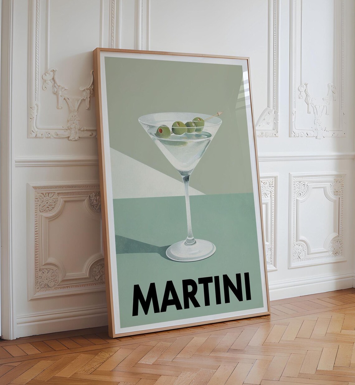 Classic Martini Cocktail Olive Sage Green Retro Bar Cart Poster