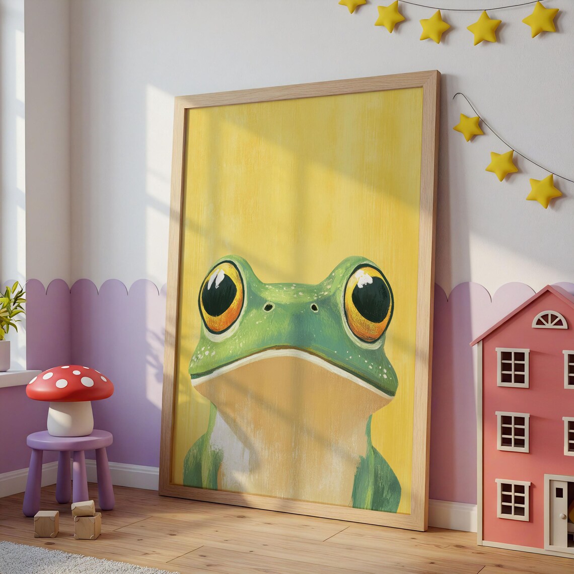 Cute Big Eyed Frog Yellow Background Kids Nursery Room Poster