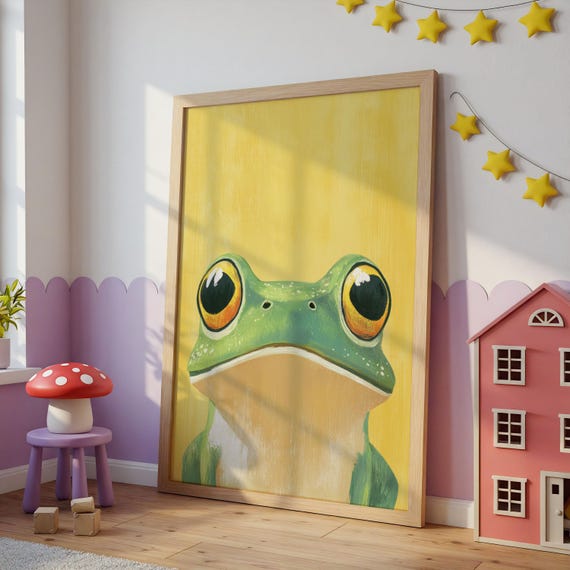 Whimsical Frog Nursery Poster Mounted Framed Kids Room Art Animal Print Gift