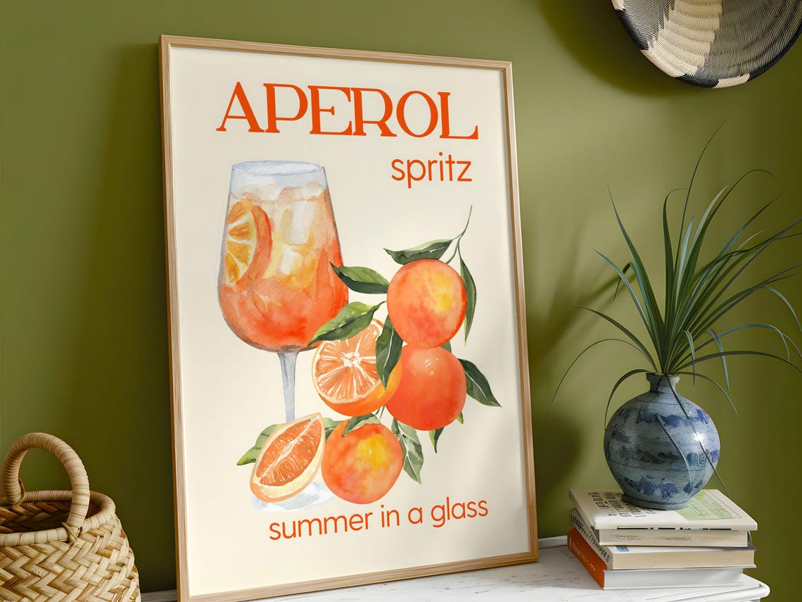 Aperol Spritz Summer in a Glass Watercolor Cocktail Art Poster