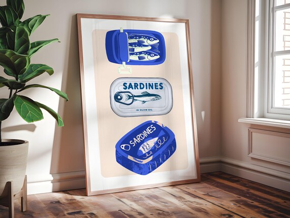 Sardines In Olive Oil Retro Blue Tin Can Illustration Kitchen Poster