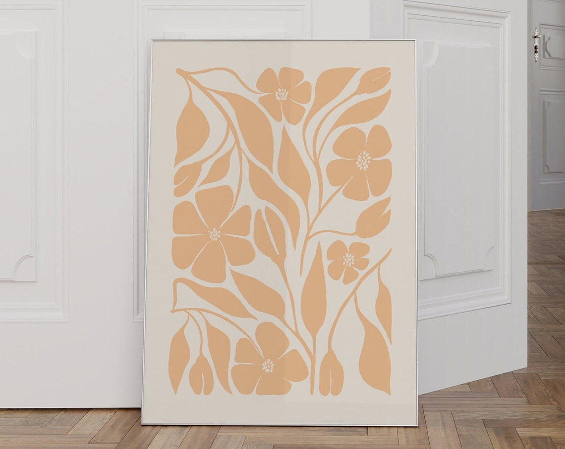 Peach Botanical Flower Leaf Line Art Soft Neutral Decor Poster