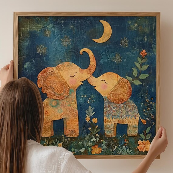 Boho Elephant Nursery Wall Art Print Mother Baby Under Moon Whimsical Blue Floral Kids Room Decor Safari Theme