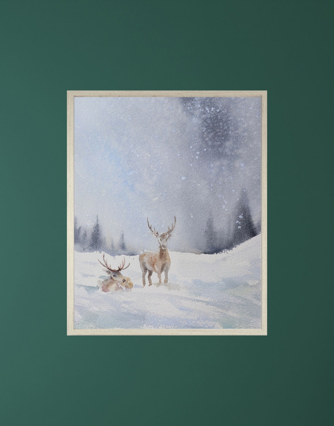 Two Deer in Snowy Winter Forest Watercolor Wildlife Animal Poster - Image 4