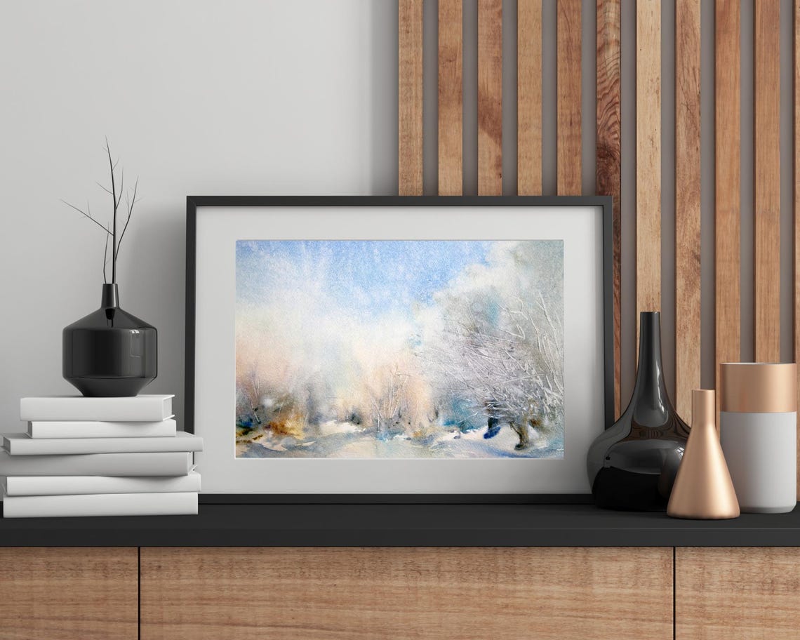 Abstract Watercolor Misty Winter Landscape Frosted Blue Poster - Image 2