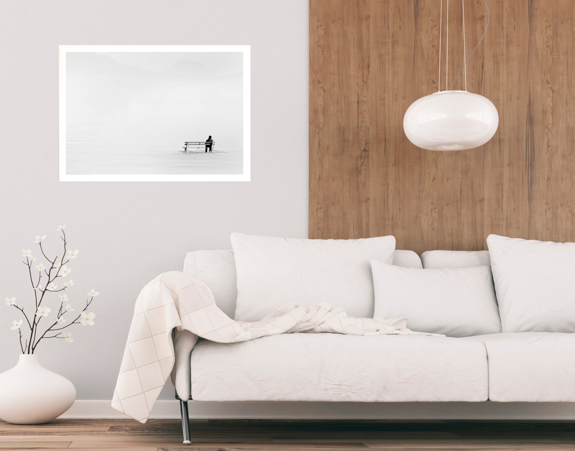 Lone Figure on Bench in Fog Minimalist Black White Photo Poster - Image 2