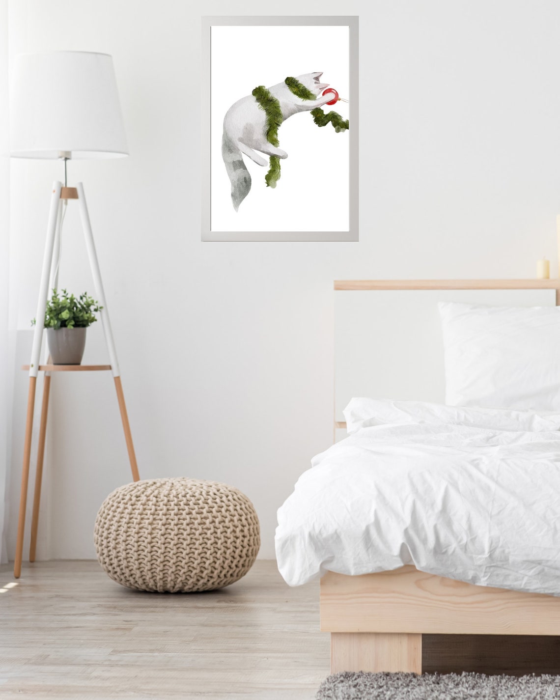 Christmas Cat Tangled in Garland Watercolor Holiday Kitty Poster - Image 3