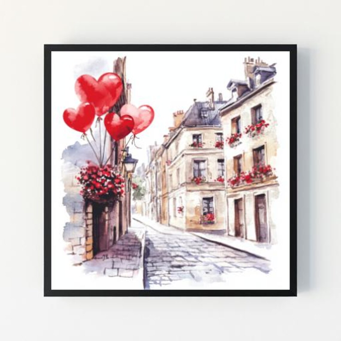 Paris Street Watercolor Heart Balloons Romantic City Love Poster