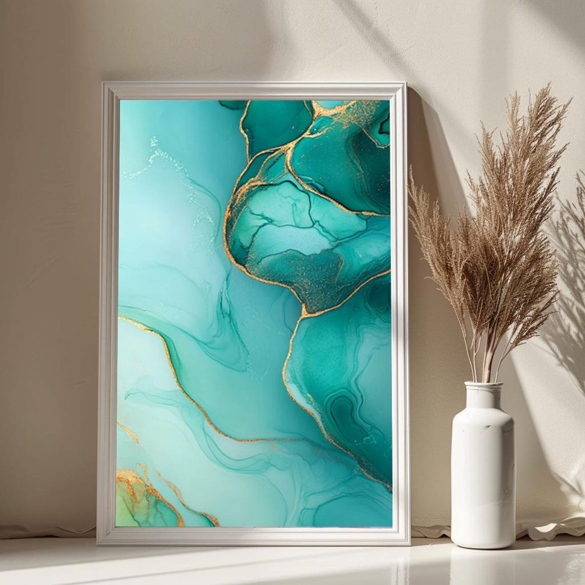 Teal Alcohol Ink Abstract Painting Gold Veins Marble Swirls Poster - Image 4