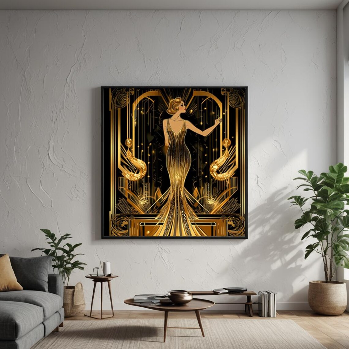Art Deco Flapper Lady in Gold Gown Black and Gold Gatsby Style Poster - Image 3