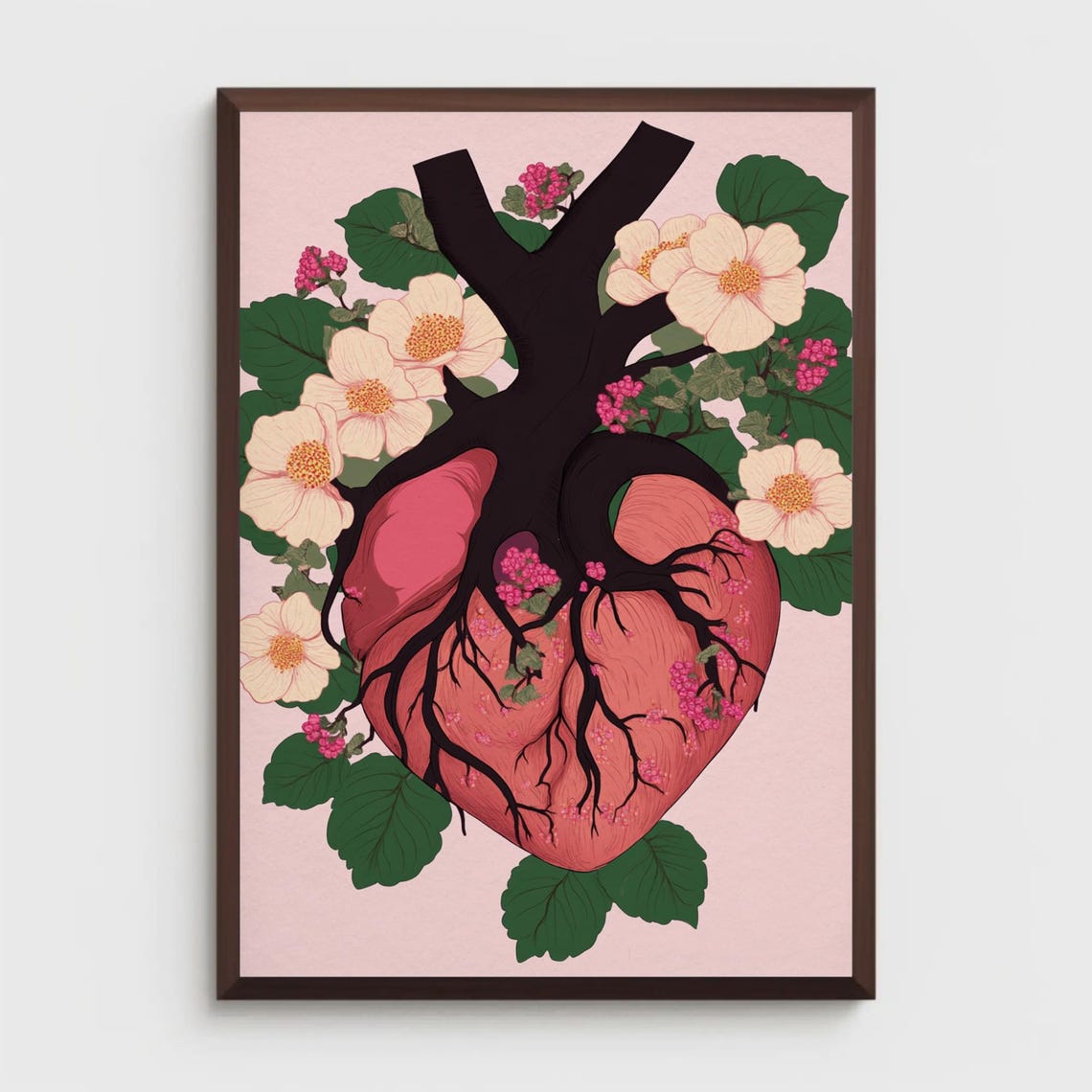 Anatomical Heart with Floral Botanical Illustration Pink Poster