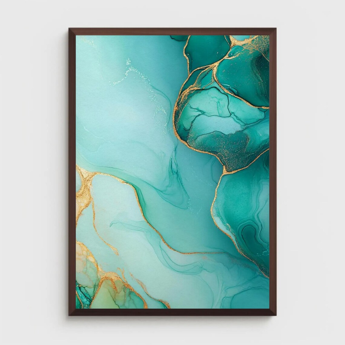 Teal Alcohol Ink Abstract Painting Gold Veins Marble Swirls Poster