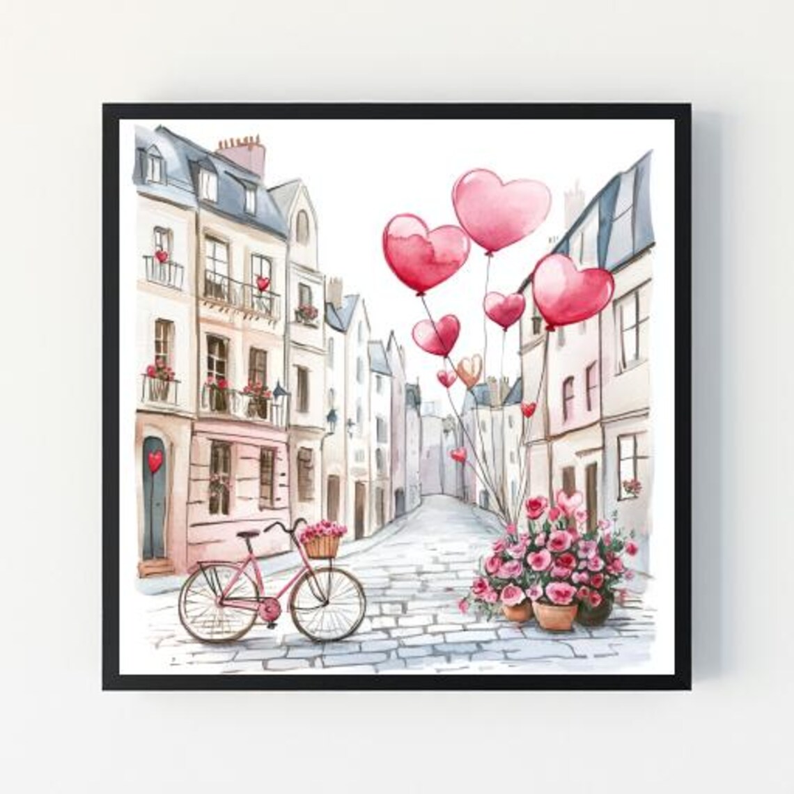 Parisian Street Watercolor Heart Balloons Pink Bicycle Poster