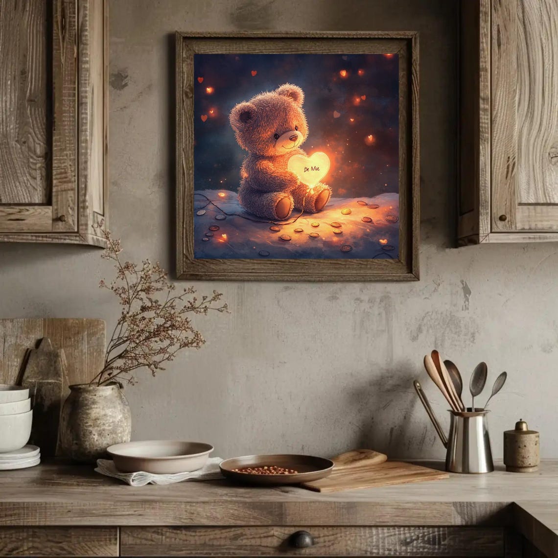 Teddy Bear with Glowing Be Mine Heart Night Nursery Love Poster - Image 2