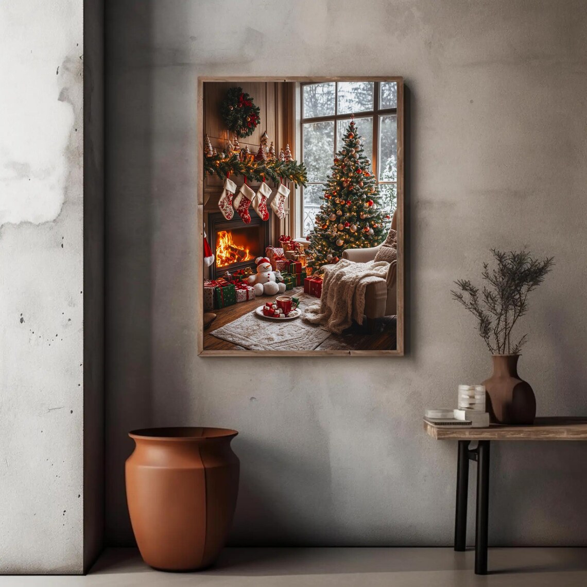 Cozy Christmas Living Room with Fireplace and Stockings Poster - Image 2