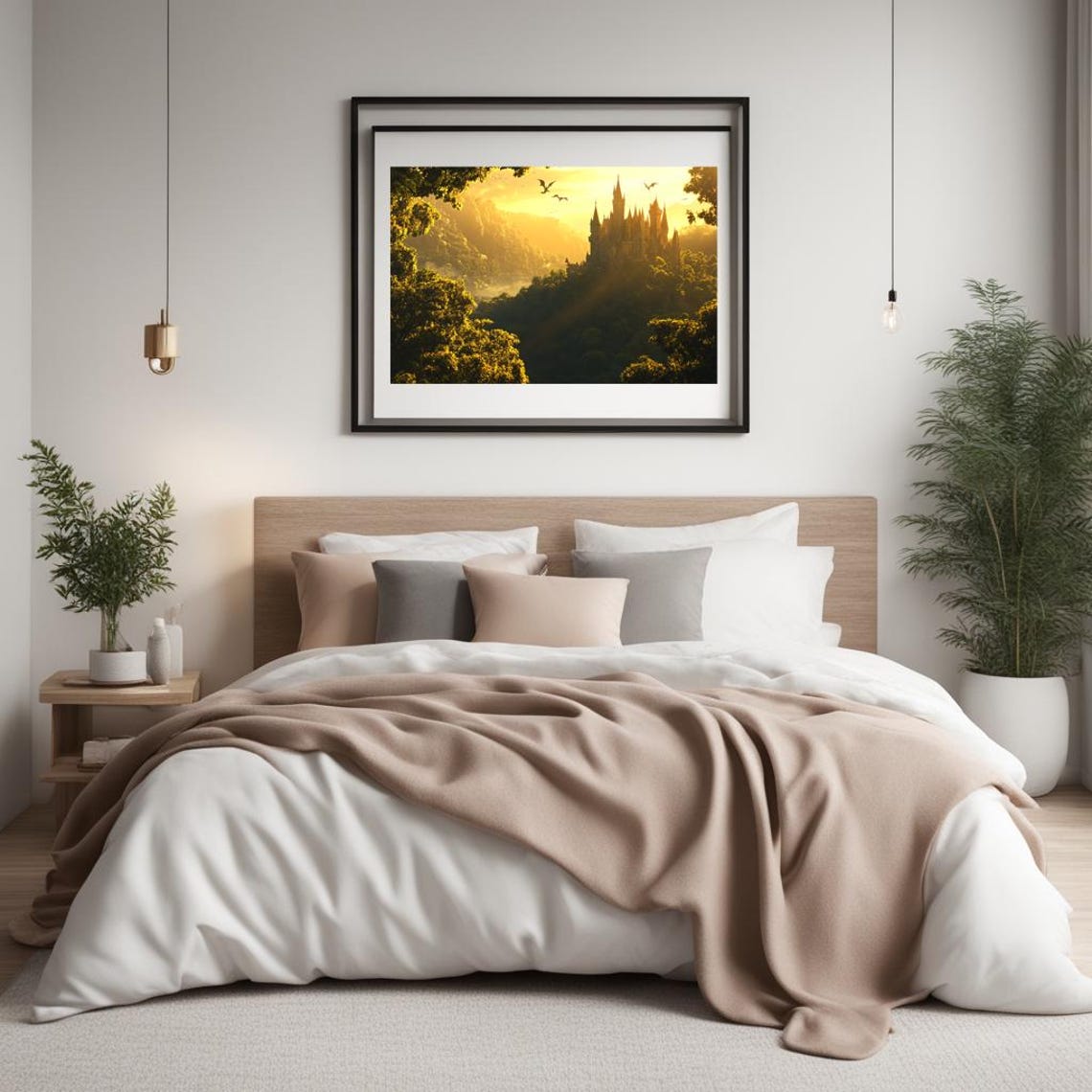 Epic Fantasy Castle in Golden Forest Sunset with Dragons Poster - Image 3