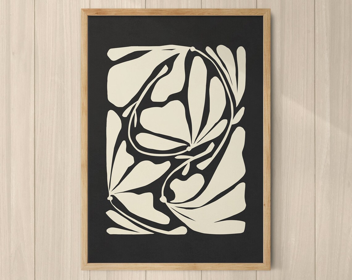 Abstract Botanical Leaf Shapes Black Cream Mid Century Modern Poster - Image 3