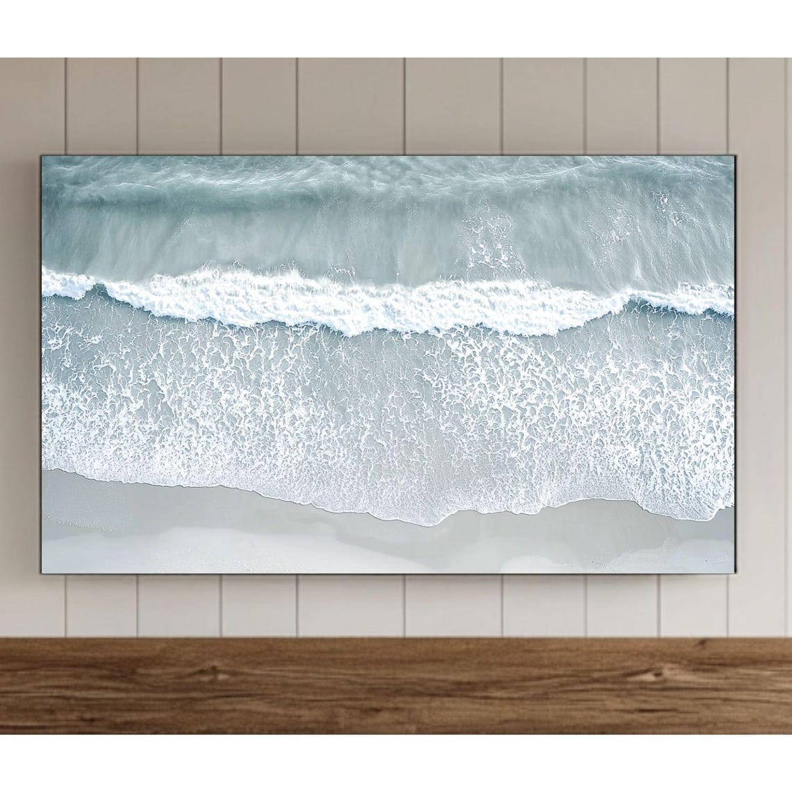Aerial Ocean Wave View with White Foam on Pale Sand Beach Poster