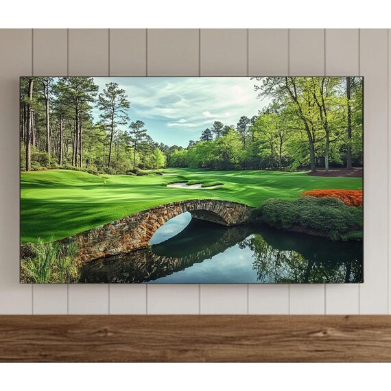 Spring Golf Course With A Stone Bridge Over A Calm Pond Poster