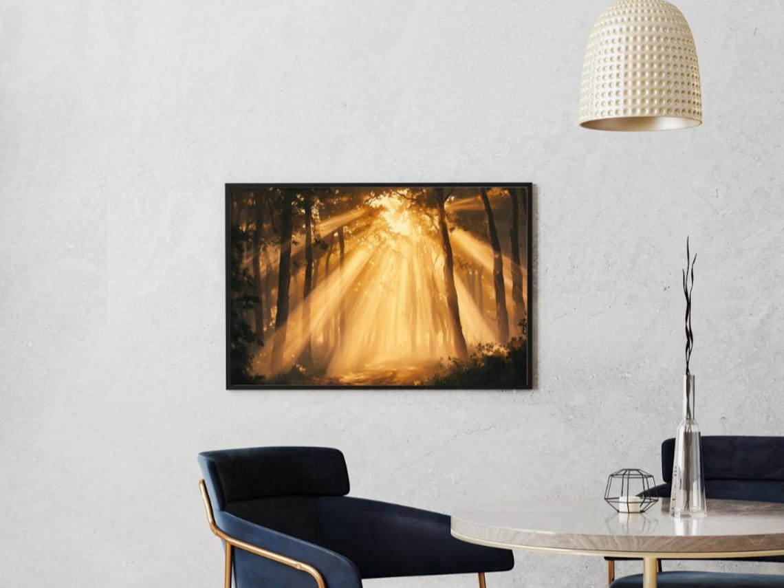 Golden Awakening Sunlit Forest Art Print - Image 3