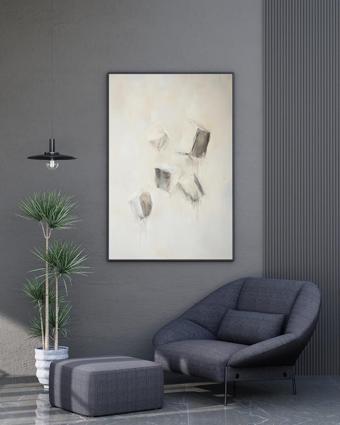 Falling Silence Minimalist Geometric Cube Print Neutral Abstract Wall Art - Image 2