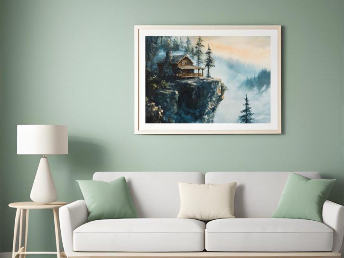 Edge Of Solitude Rustic Mountain Cabin Oil Painting Misty Forest Landscape Wall Art - Image 5