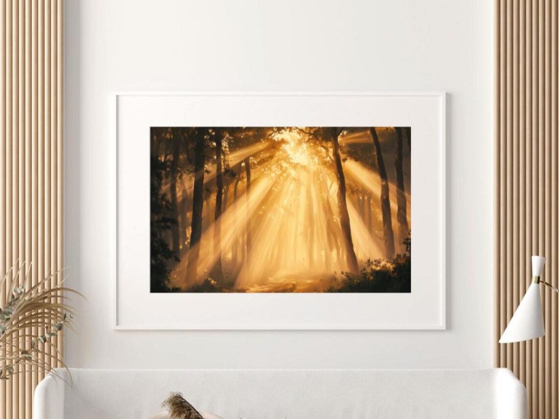 Golden Awakening Sunlit Forest Art Print - Image 4