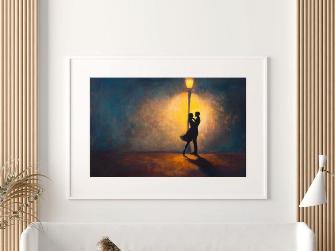 Romantic Couple Kiss Under a Streetlight Intimate Night Silhouette Art Poster - Image 2