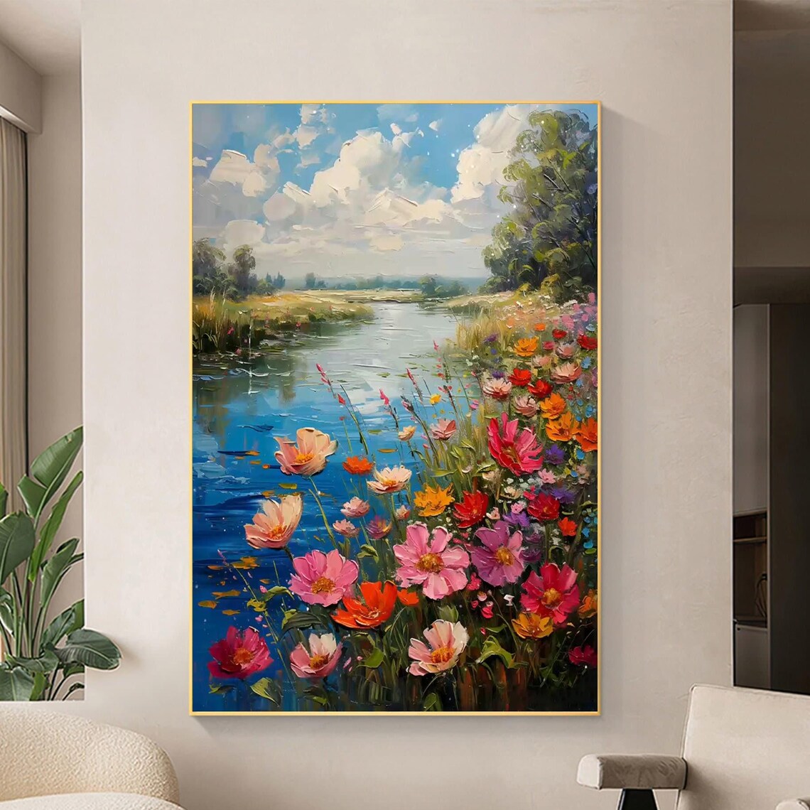 Colorful Flower Oil Painting, Abstract River Print