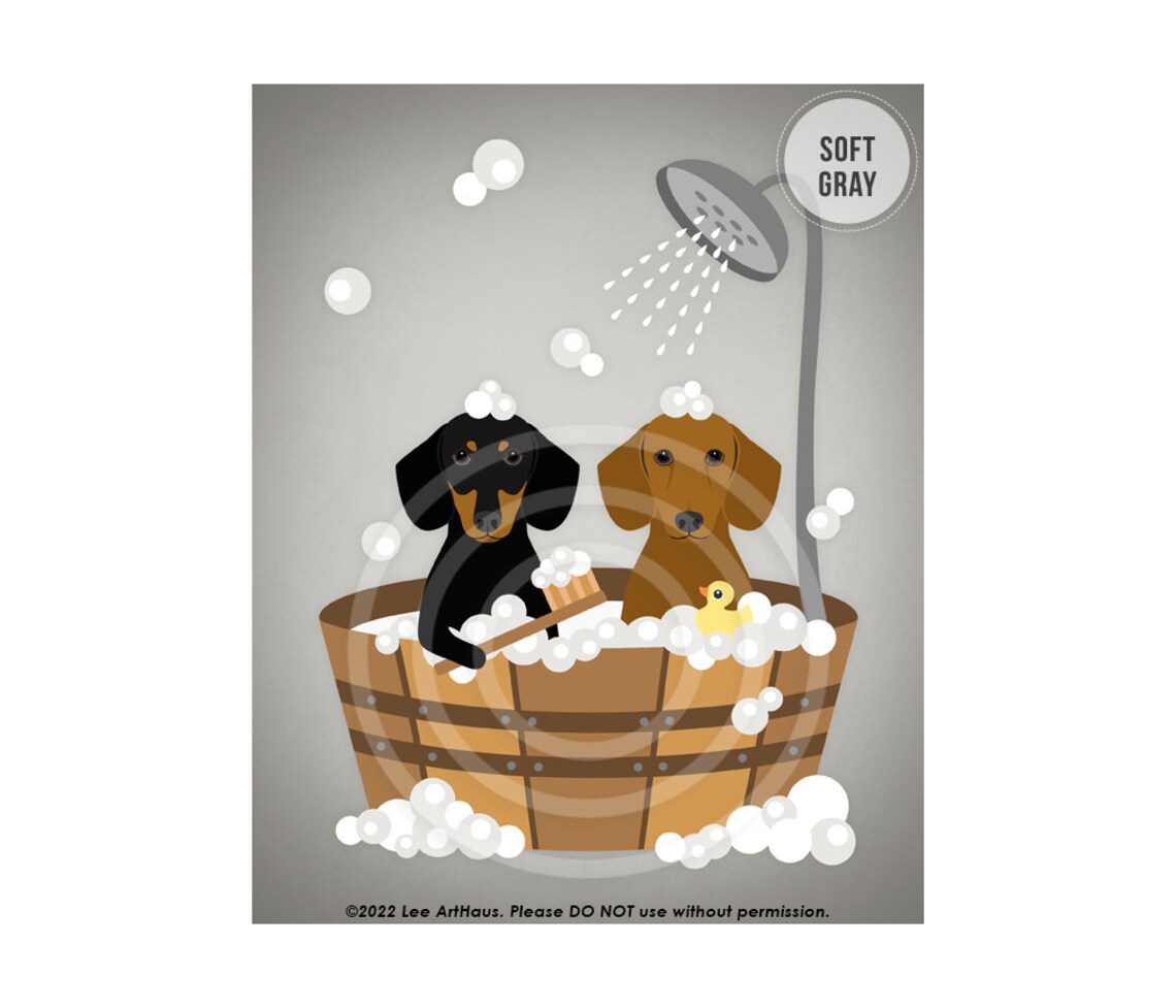 Two Dachshunds Wooden Tub Bubble Bath Shower Bright Teal Dog Poster - Image 3