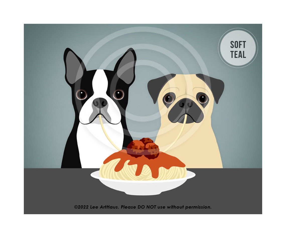 Boston Terrier and Pug Sharing Spaghetti and Meatballs Art Poster - Image 4