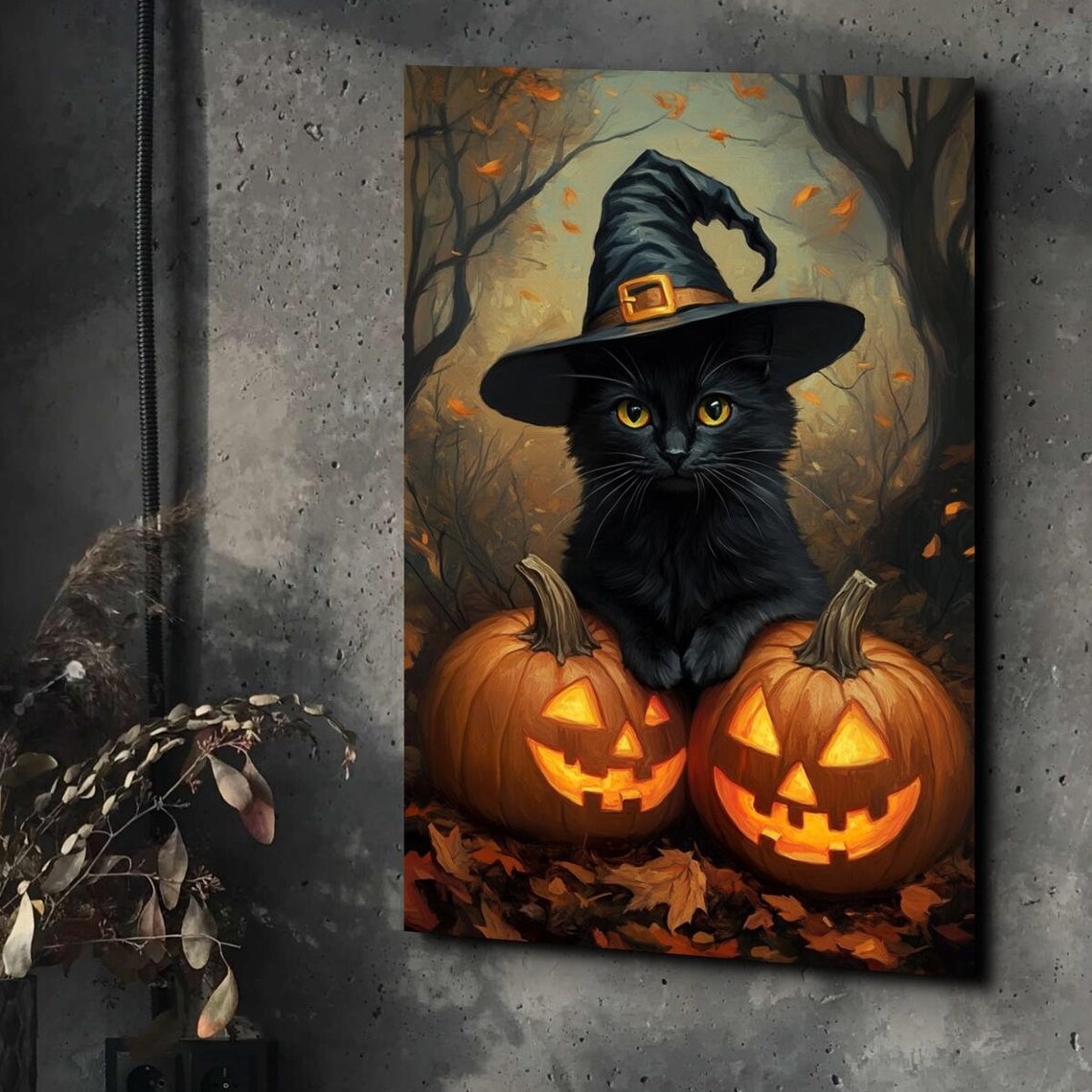 Black Cat Witch Hat Pumpkin Patch Cute Halloween Cat Art Poster