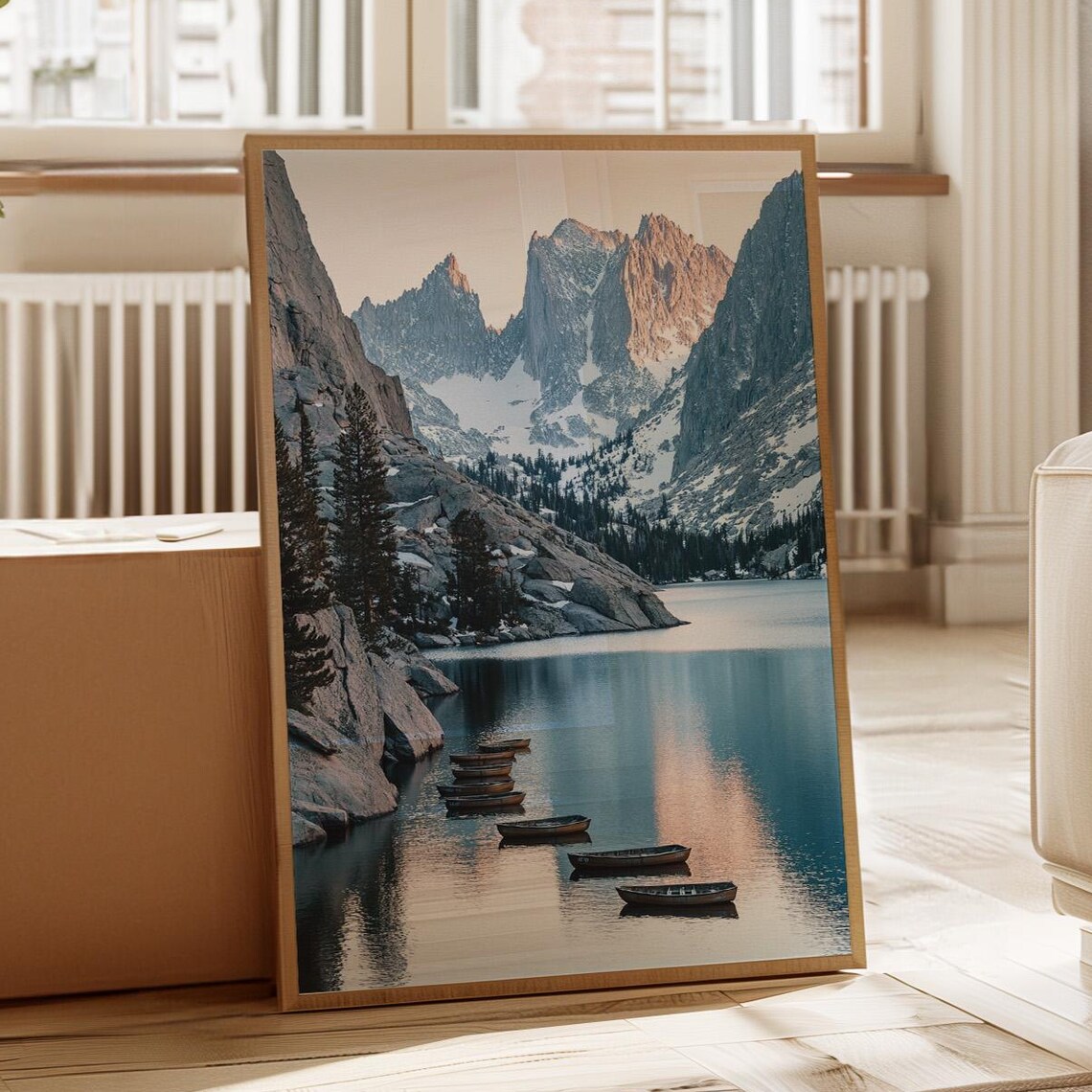 Snowy Alpine Lake Rowboats Jagged Mountain Peaks Photo Poster
