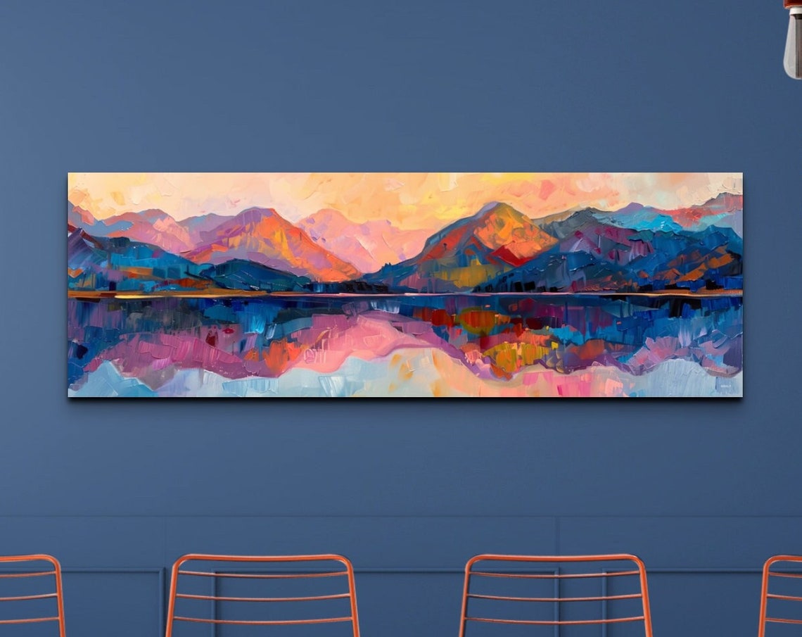 Mountain Lake Sunset Reflection Vibrant Impressionist Landscape Poster