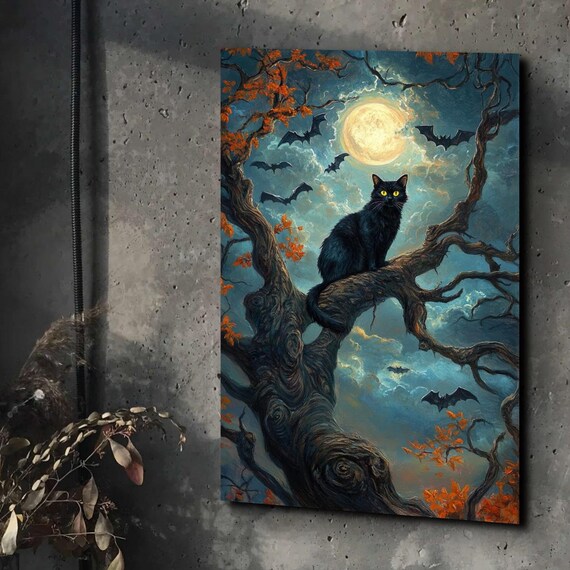 Black Cat in Gnarled Tree With Bats Under Harvest Moon Poster