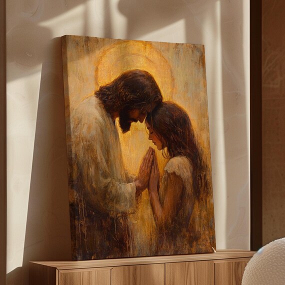 Jesus Praying With A Woman Intimate Golden Christian Art Poster