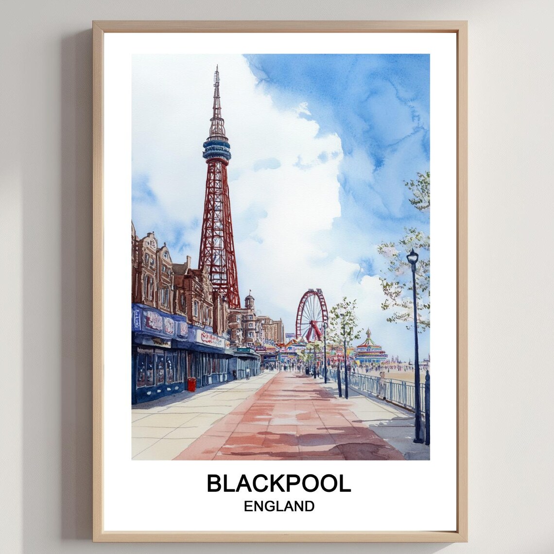 Blackpool England Tower Promenade Ferris Wheel Watercolor Poster