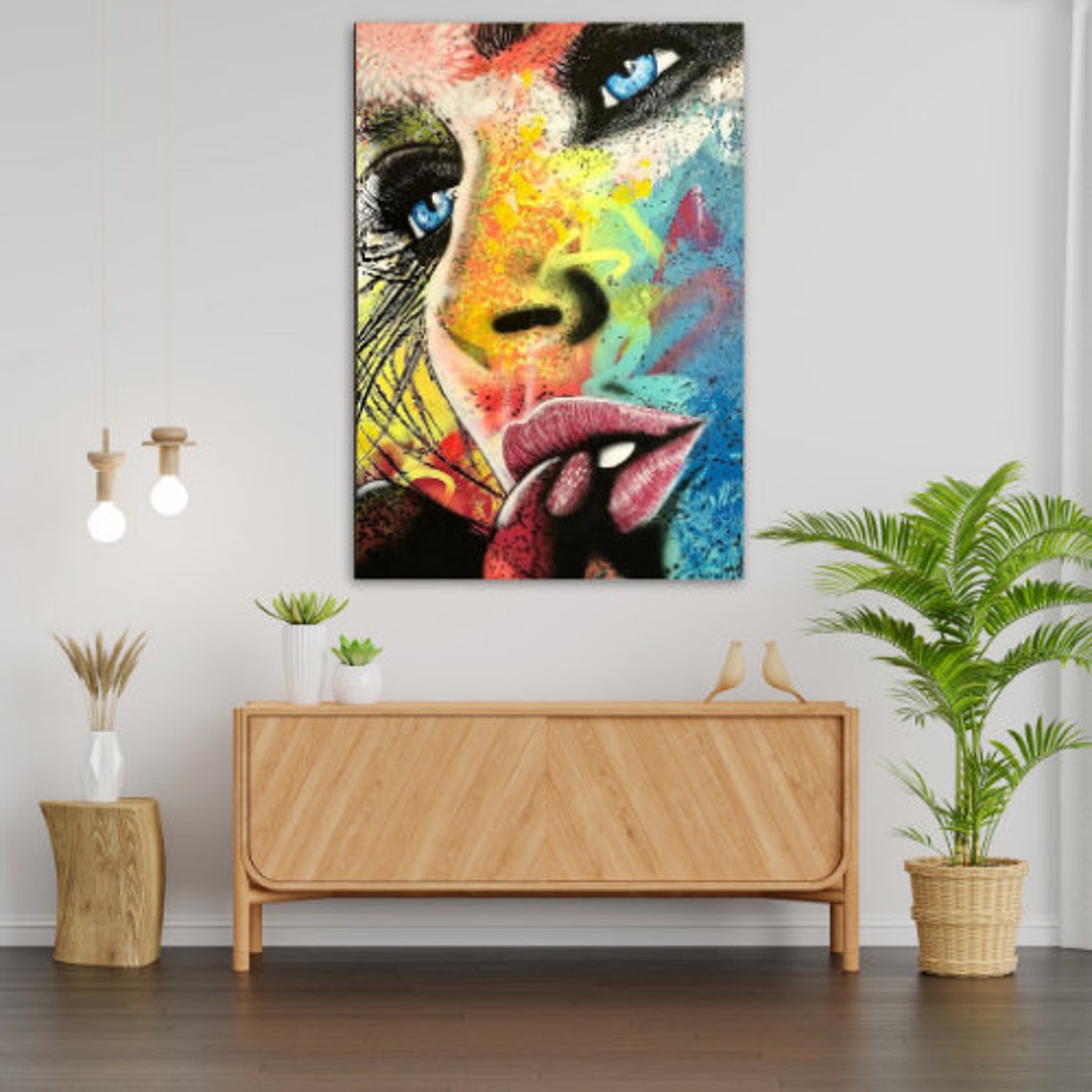 Abstract Pop Art Face Blue Eyes Graffiti Style Colorful Wall Art Print - Image 3