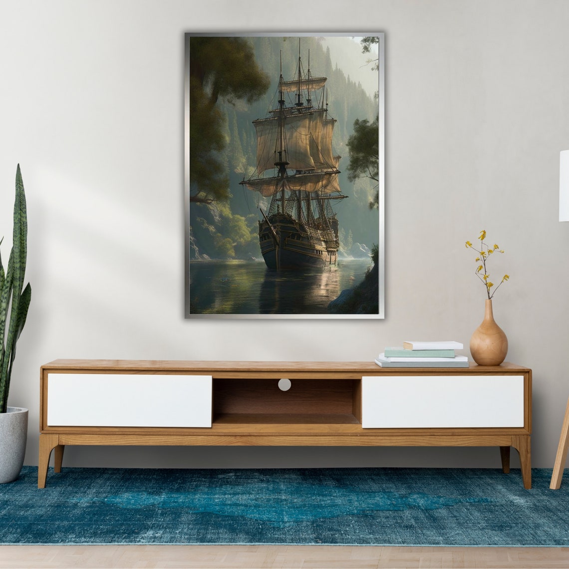 Majestic Tall Ship Sailing Through Misty Forest River Nautical Poster - Image 2