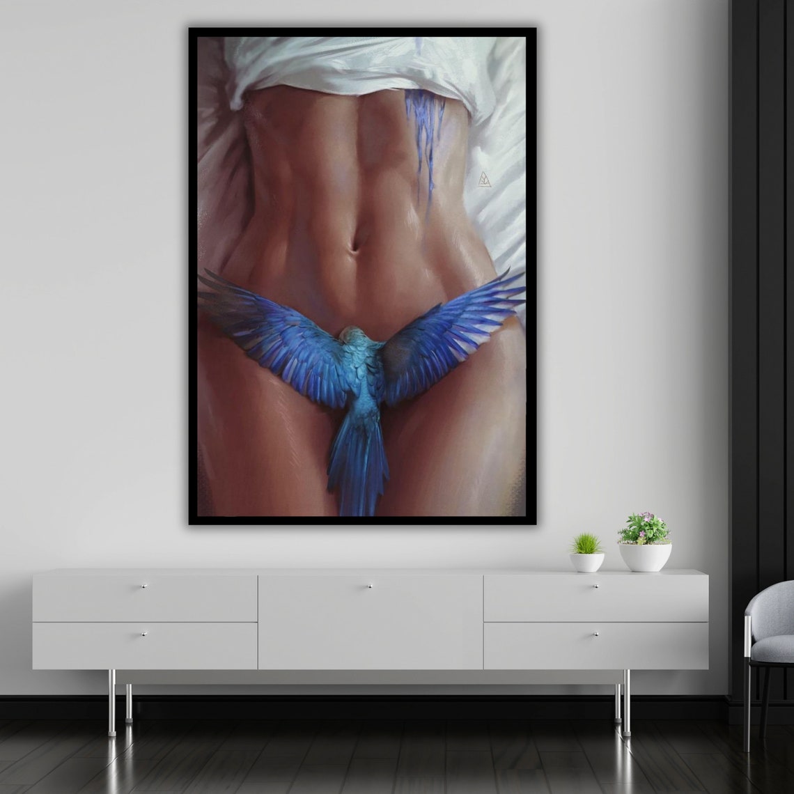 Female Torso With Blue Bird Fine Art Nude Figure Painting Wall Art - Image 5
