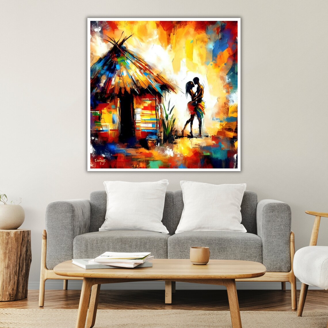 African Village Couple Embrace Colorful Hut Sunset Painting Poster - Image 3