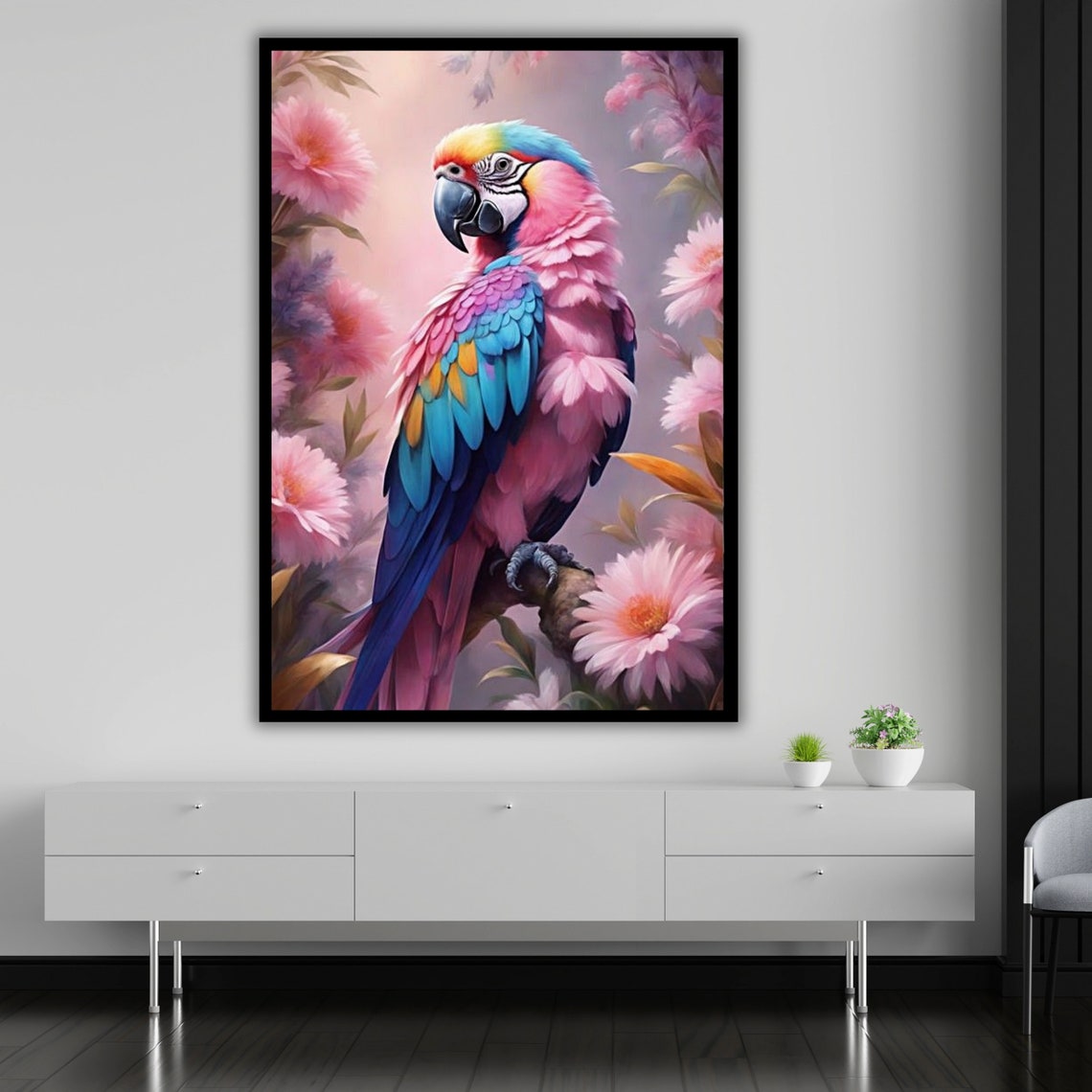 Pink Parrot With Blue Wings Perched Among Blooming Flowers Art Poster - Image 5