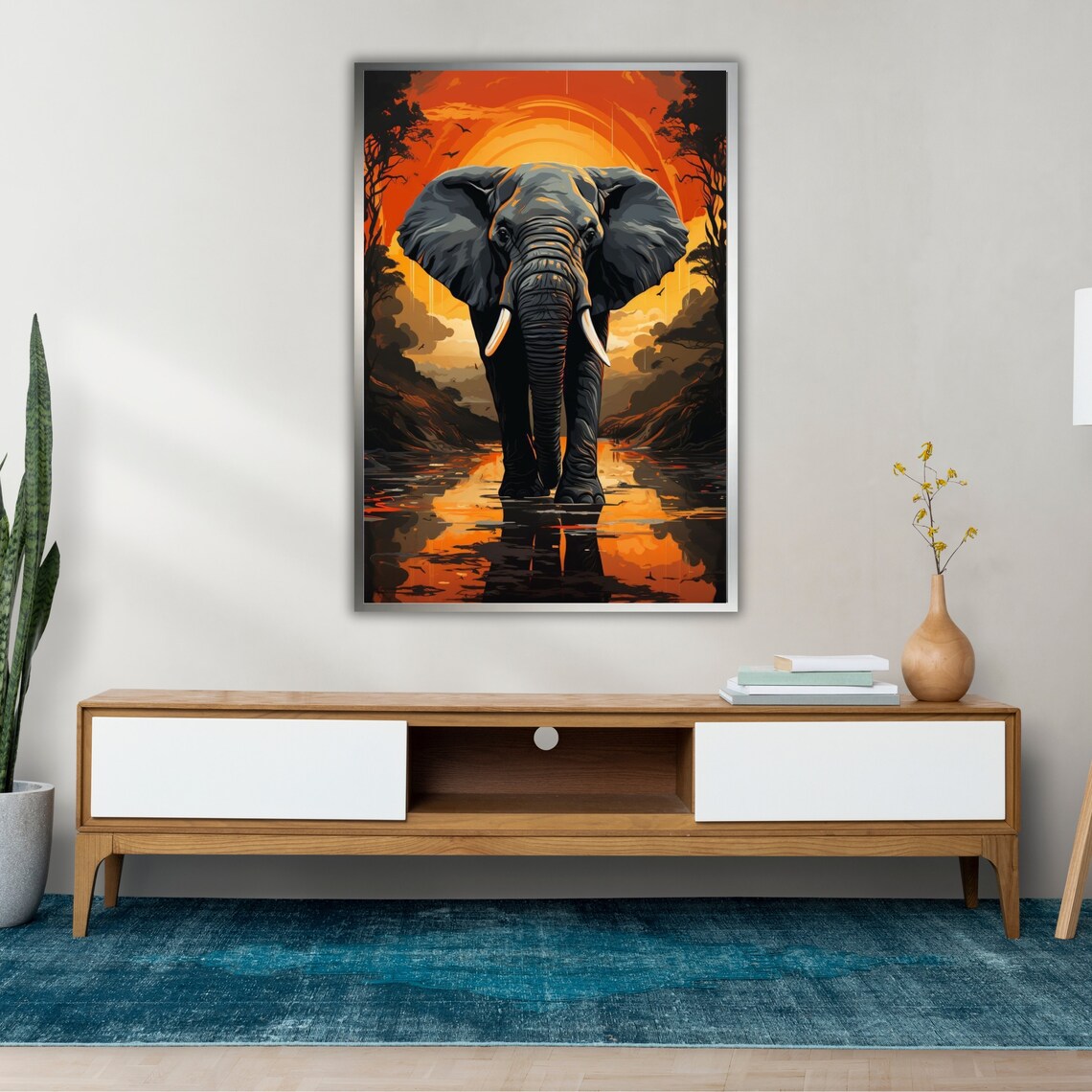 African Elephant Walking At Sunset With Water Reflection Wildlife Poster - Image 2