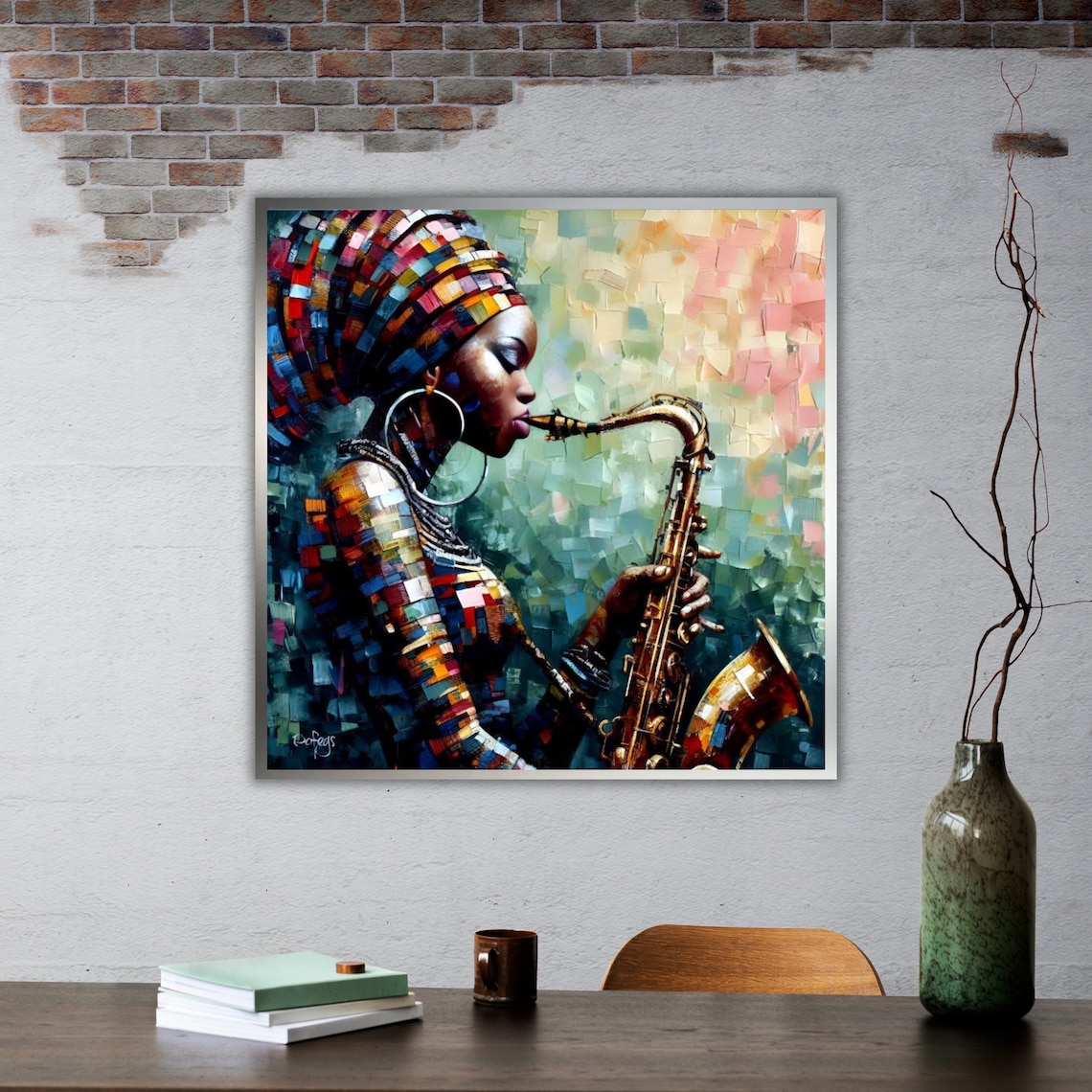 African Woman Playing Saxophone Colorful Mosaic Jazz Music Art Poster - Image 2