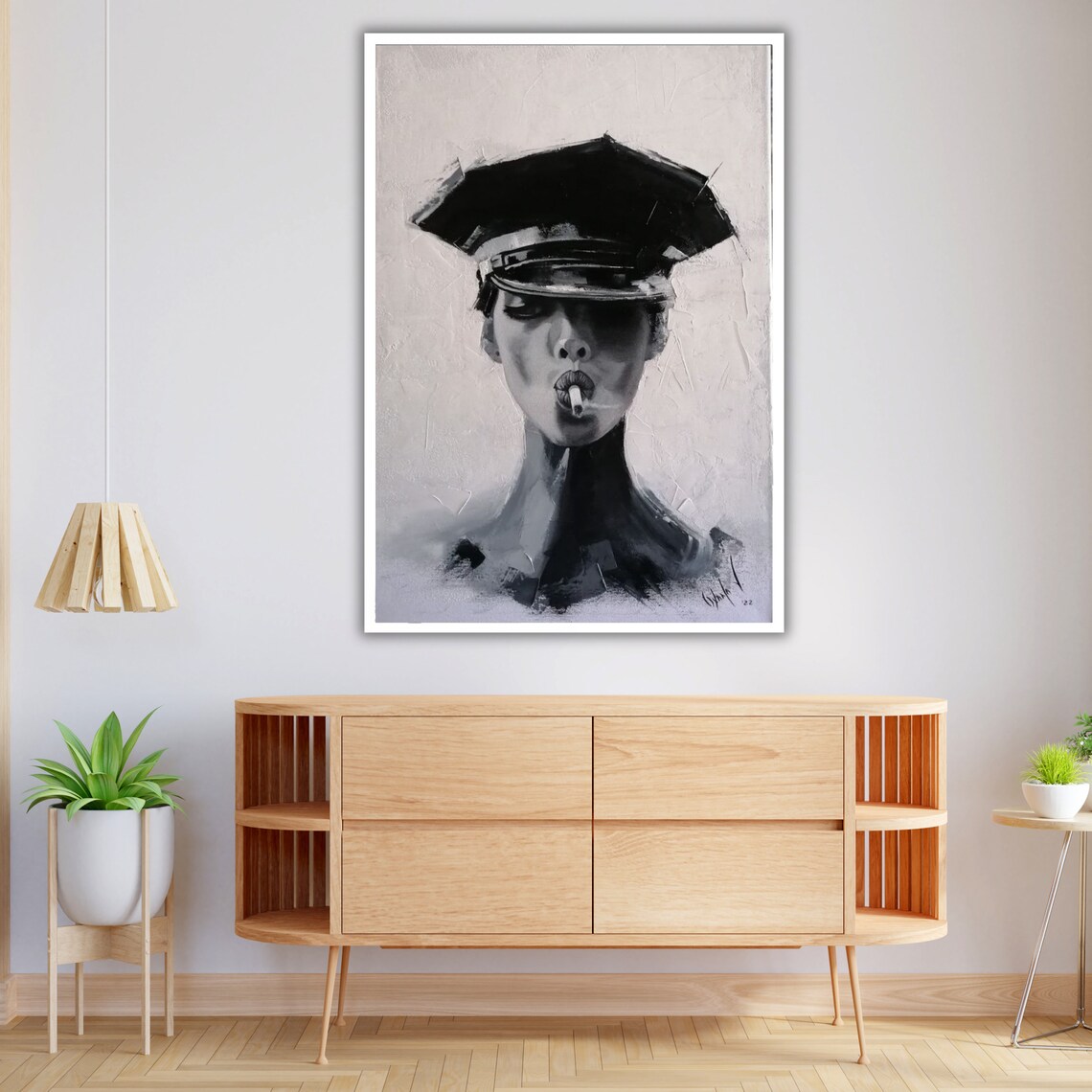 Woman Police Cap Smoking Monochrome Black White Bold Portrait Art Print Poster - Image 4