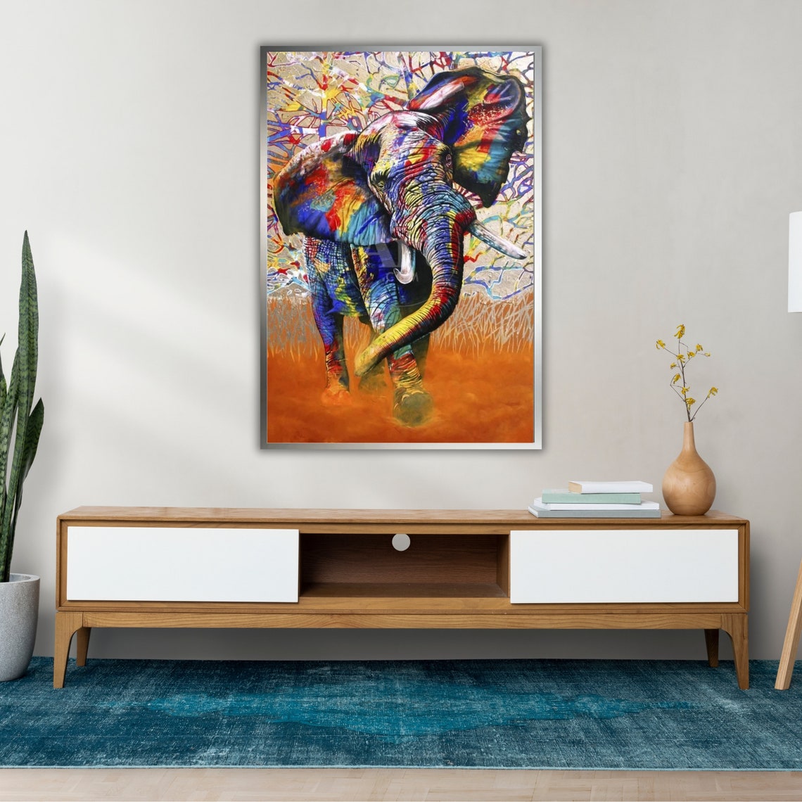 Colorful Elephant Walking With Raised Trunk Splash Art Wildlife Poster - Image 2