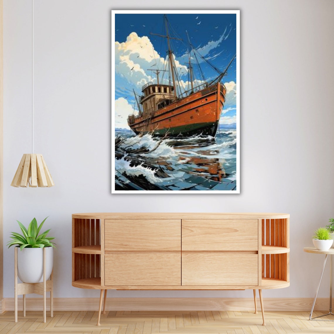 Old Rusty Fishing Trawler On Stormy Waves Vintage Maritime Art Poster - Image 3